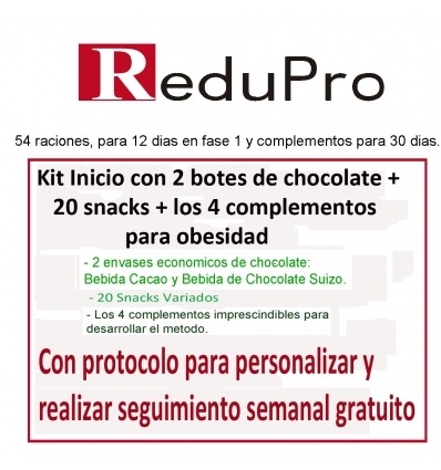 Kit Inicio ReduPro de 2 botes choco.+20 snacks variadas+4 complementos. con protocolo para PERSONALIZAR para obesidad)