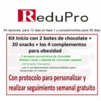 Kit Inicio ReduPro de 2 botes choco.+20 snacks variadas+4 complementos. con protocolo para PERSONALIZAR para obesidad)