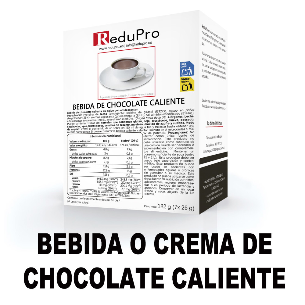 ReduPro Bebida Crema de Chocolate caliente, caja de 7 sobres