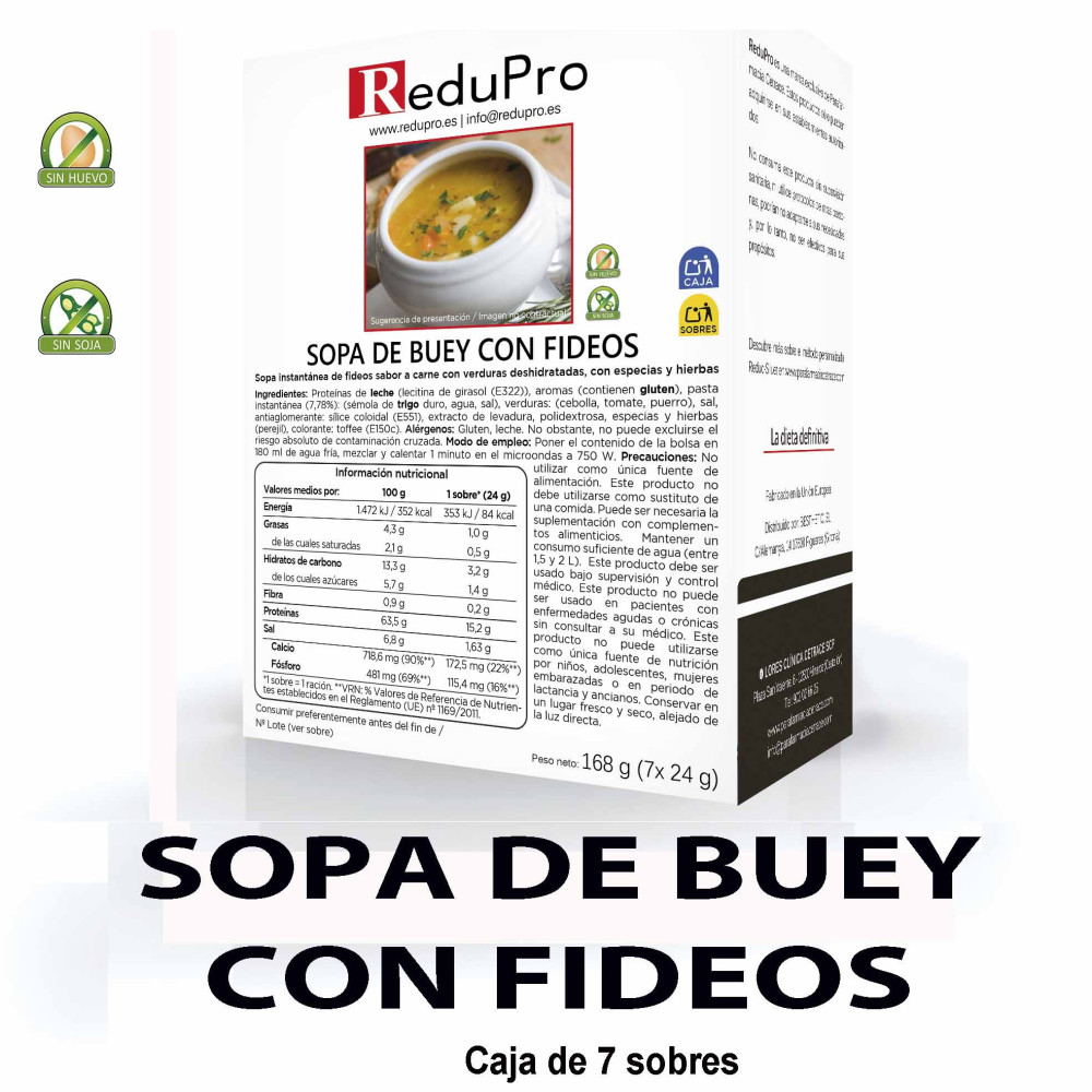 ReduPro Sopa de Buey con fideos. CAJA 7 sobres