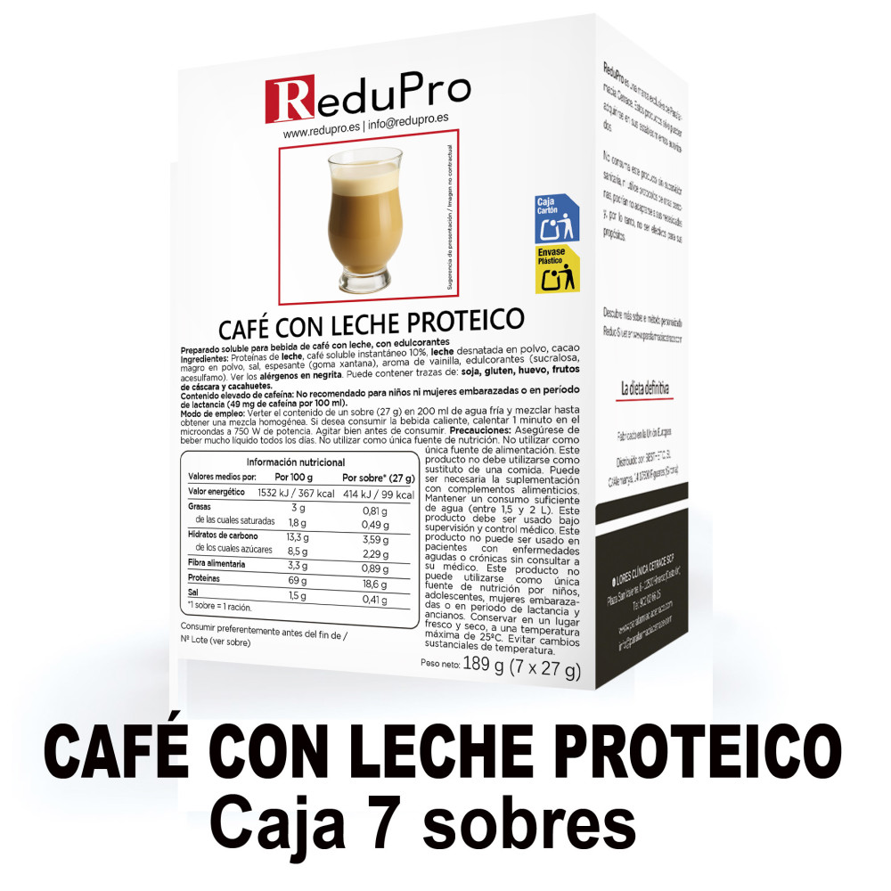 ReduPro Bebida de Café con leche proteico, caja de 7 sobres
